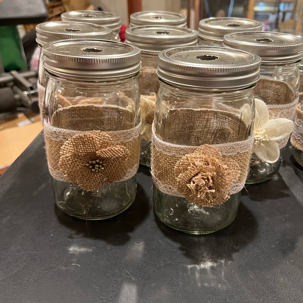 13 Large decorated mason jars